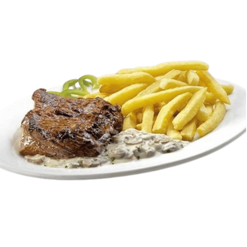 Bife de Chorizo con Salsa de Champiñón y Papas Fritas