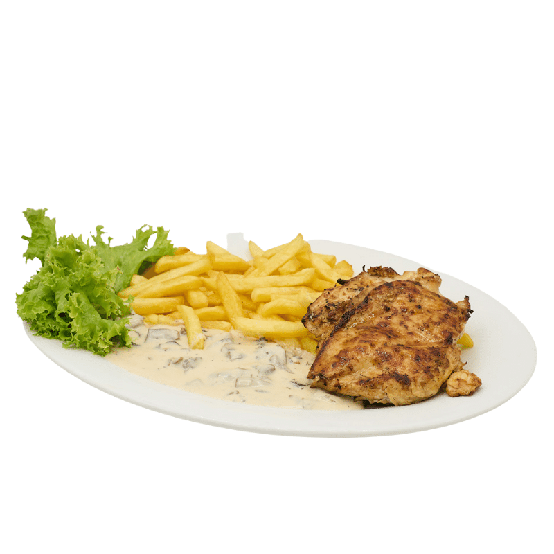 Pollo Parrilla con Salsa de Champiñón y Papas Fritas