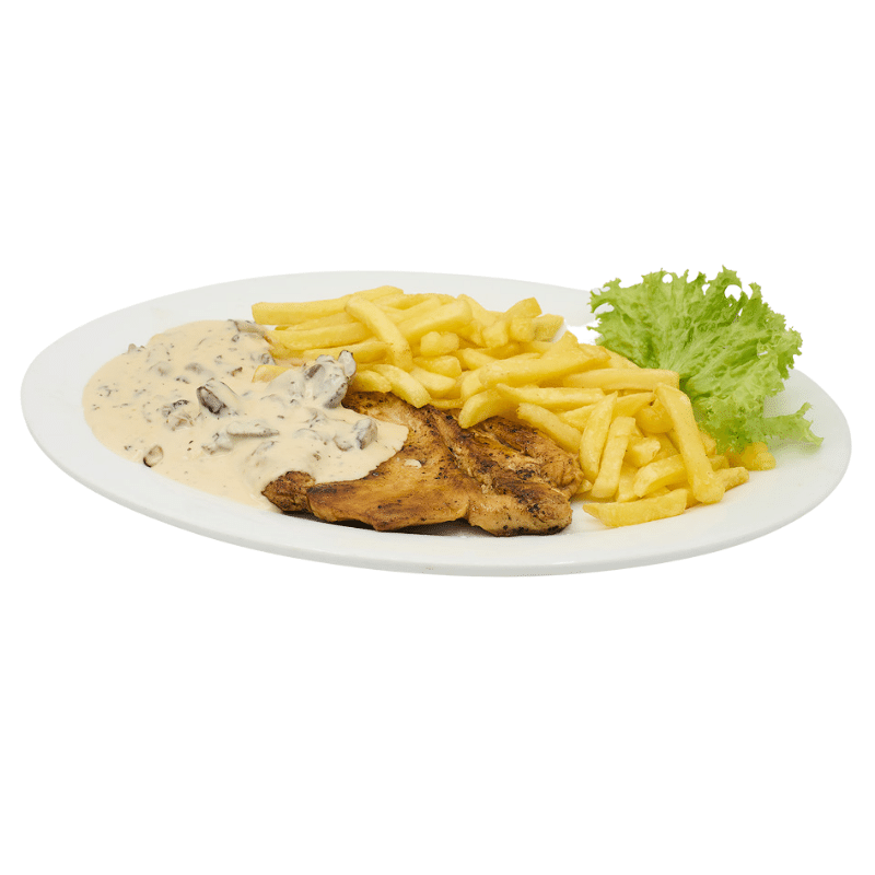 Pollo Plancha con Salsa de Champiñón y Papas Fritas