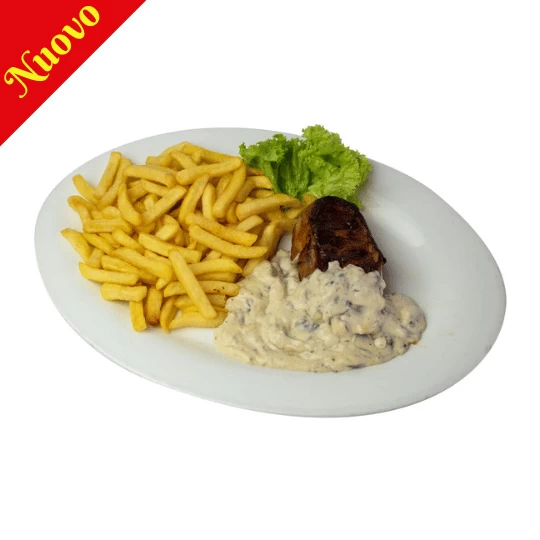 Lomo al Tocino con Salsa de Champiñón y Papas Fritas